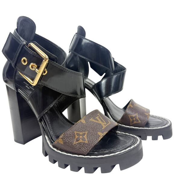 Louis Vuitton Star Trail Monogram Glazed Leather Sandals Black Size 37 - Picture 1 of 10